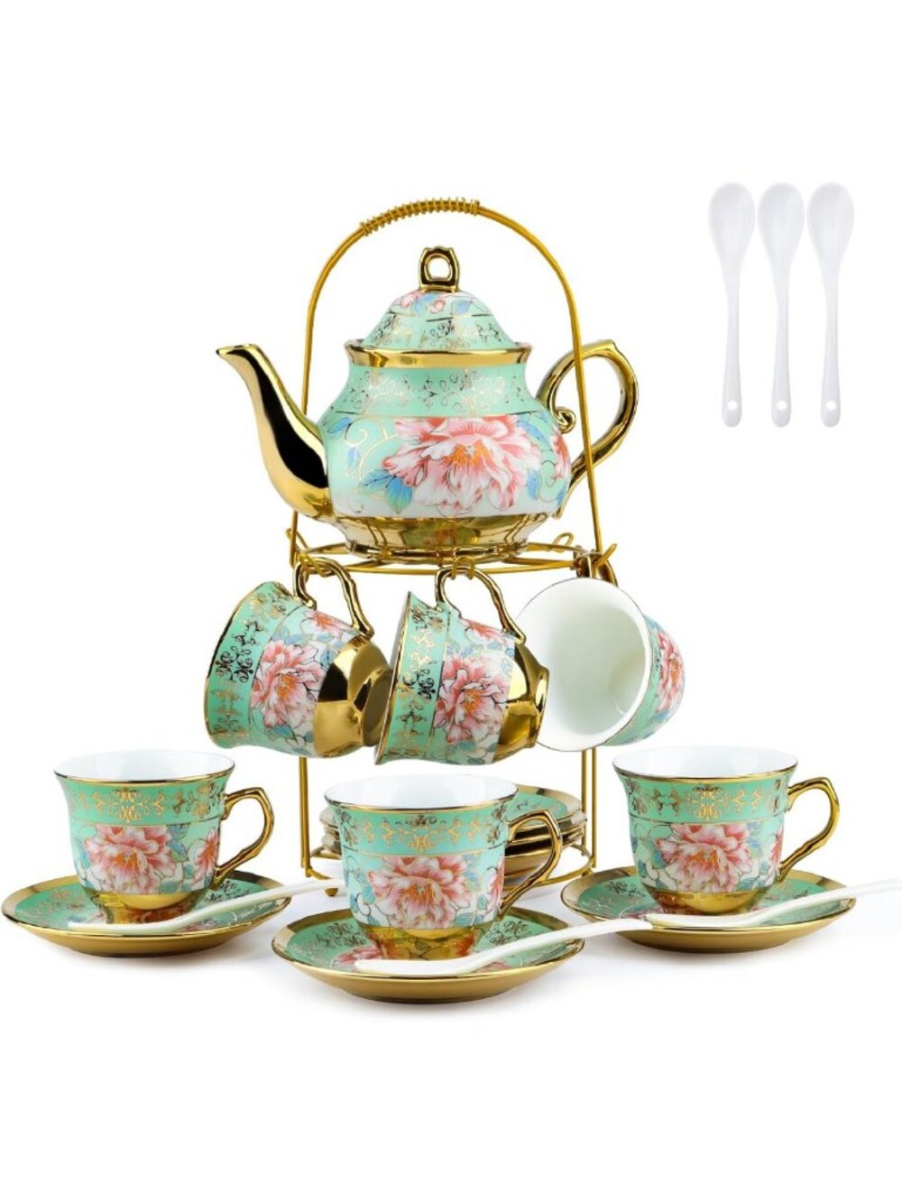 Elegant 20-Piece Porcelain Tea Set for Adults, Floral Ceramic Cups & Teapot